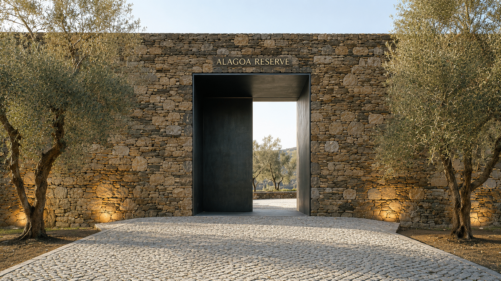 Alagoa Reserve arrival gate — dry-stacked schist stone and blackened steel pivot gate